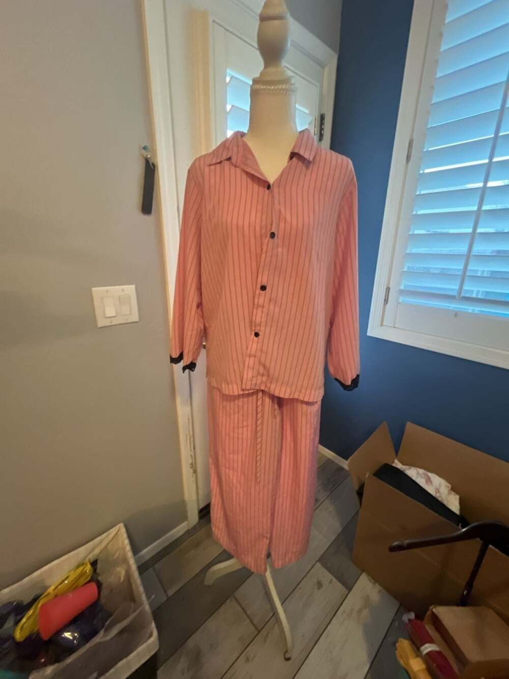 Cruz Vintage Pink Striped Pajama Set with Black Lace Trim